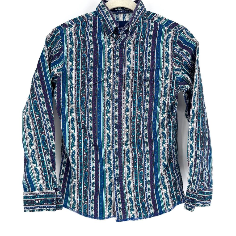 Wrangler Youth Size 14 Western Paisley Button-Down Shirt Blue Green